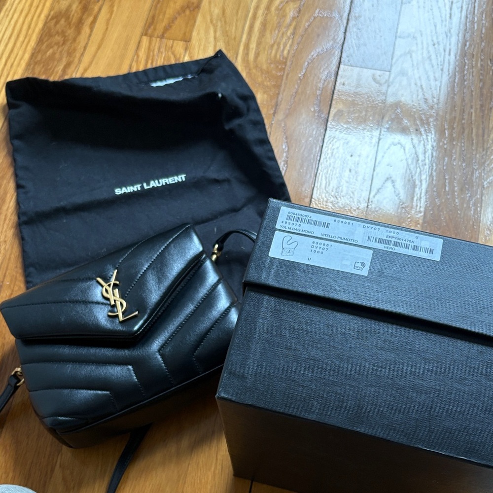 Saint Laurent YSL Black Chevron Quilted Leather Shoulder Bag with Gold Monogram